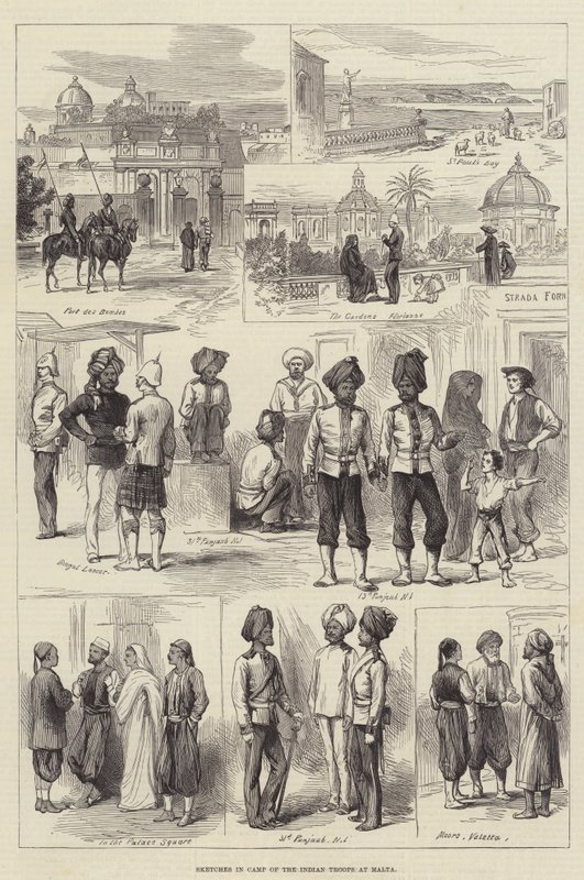 Skizzen im Lager der indischen Truppen auf Malta (Gravur) von English School