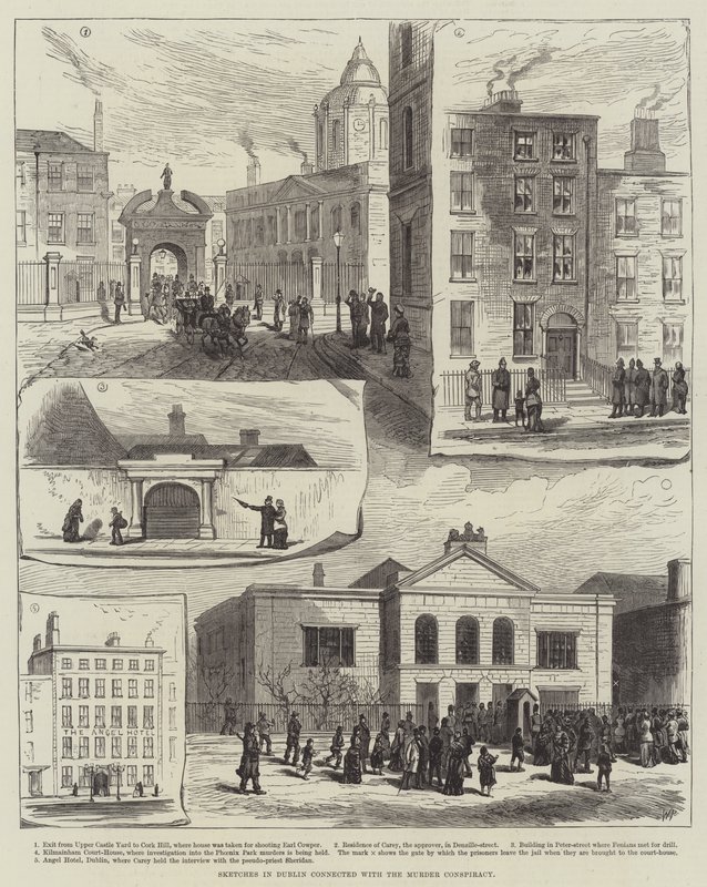 Skizzen in Dublin im Zusammenhang mit der Mordverschwörung (Gravur) von English School