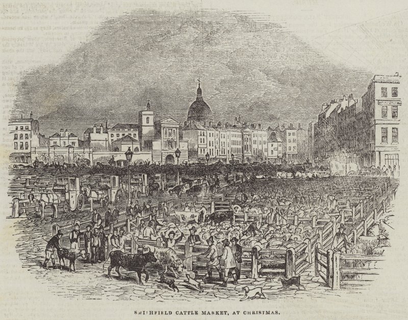 Smithfield Viehmarkt zu Weihnachten (Gravur) von English School