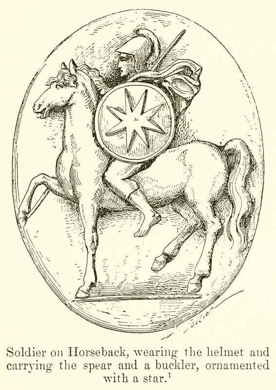 Soldat zu Pferd, mit Helm und Speer und Schild, verziert mit einem Stern von English School
