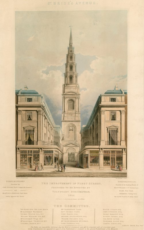 St Brides Avenue; Die Verbesserung in der Fleet Street, London, die durch freiwillige Beiträge im Jahr 1825 erreicht werden soll von English School