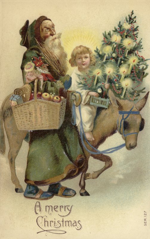 St. Nikolaus und Jesus Christus, mit Weihnachtsbaum und Geschenken von English School