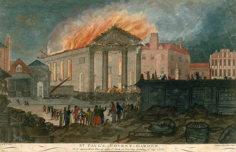 St. Pauls Kirche, Covent Garden, London, wie sie am Abend des 17. September 1795 um 8 Uhr brannte von English School