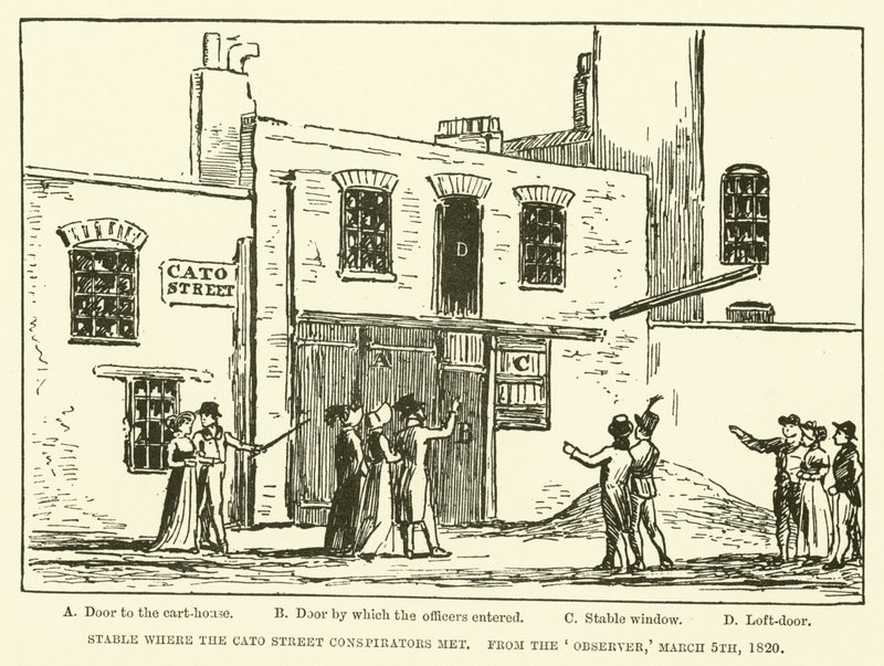 Stall, in dem sich die Cato Street Verschwörer trafen, aus dem Observer, 5. März 1820 (Gravur) von English School