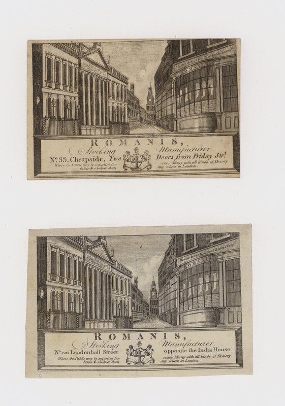 Strumpfhersteller, Romanis, in Cheapside und dann in der Leadenhall Street, Visitenkarte von English School