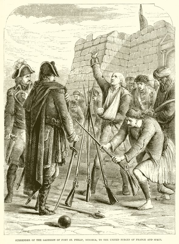 Übergabe der Garnison von Fort St. Philip, Menorca, an die vereinten Streitkräfte von Frankreich und Spanien von English School