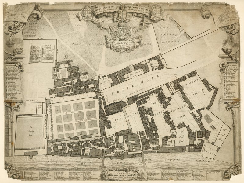 Vermessung und Grundriss des Königlichen Palastes von Whitehall, 1680, mit den Unterkünften und Wohnungen ihrer Majestäten von English School