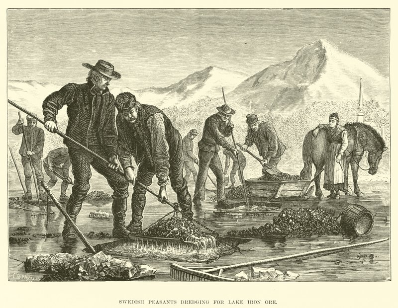Schwedische Bauern beim Ausbaggern von See-Eisenerz von English School