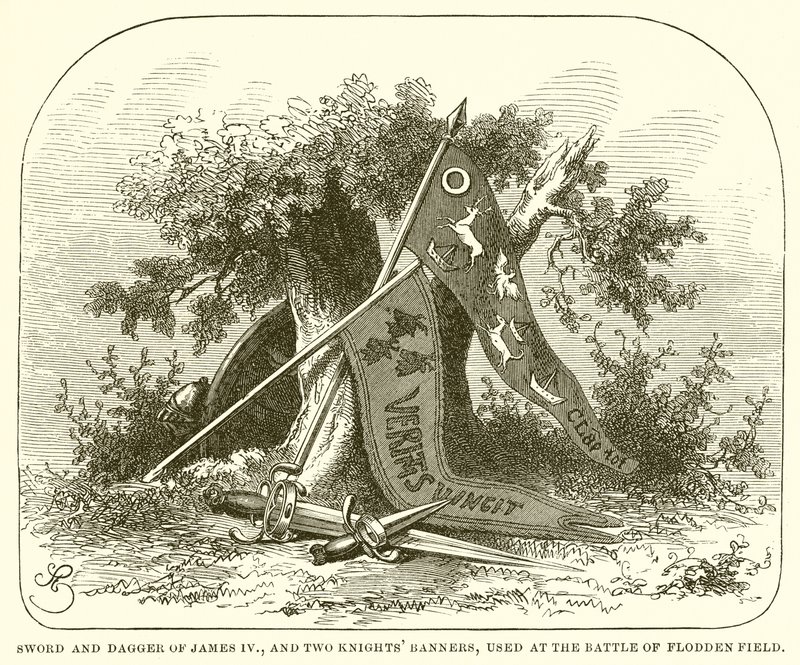 Schwert und Dolch von James IV. und zwei Ritterbanner, verwendet in der Schlacht von Flodden Field von English School