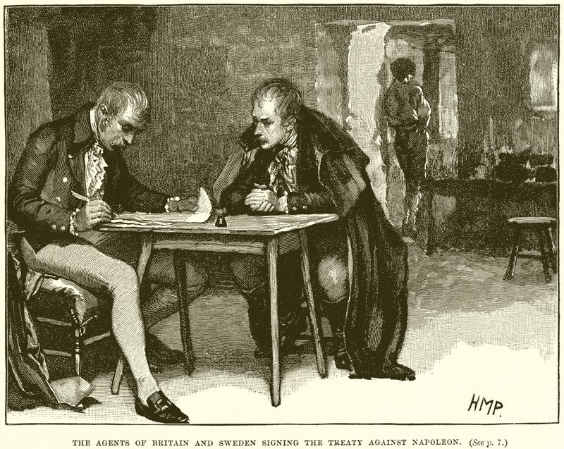 Die Agenten von Großbritannien und Schweden unterzeichnen den Vertrag gegen Napoleon von English School