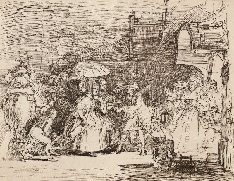 Die Ankunft des reichen Verwandten, nach Wilkie, aus einer Feder- und Tintenzeichnung von English School