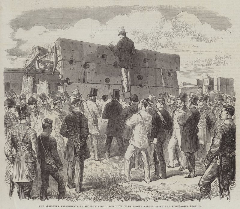 Die Artillerie-Experimente in Shoeburyness, Inspektion des La Gloire Ziels nach dem Schießen (Stich) von English School