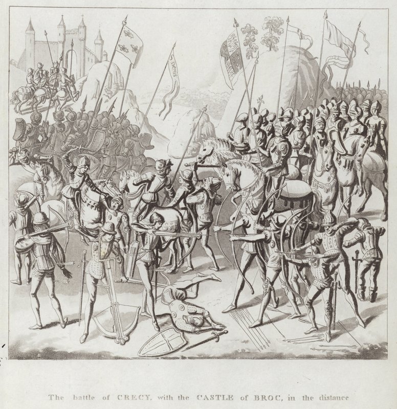 Die Schlacht von Crécy, mit dem Schloss Broc in der Ferne von English School