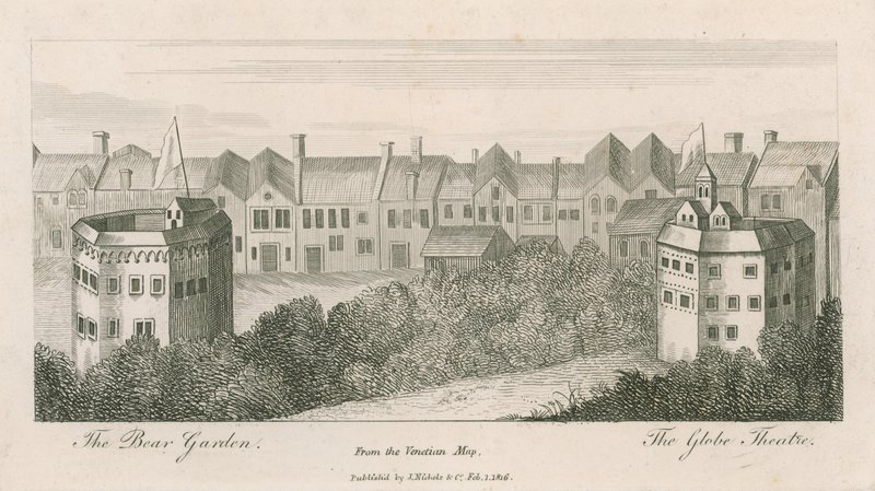 Der Bear Garden und das Globe Theatre, Bankside, London, aus der venezianischen Karte von English School