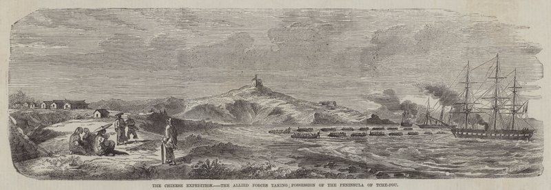 Die chinesische Expedition, die alliierten Streitkräfte nehmen die Halbinsel Tche-Fou in Besitz von English School