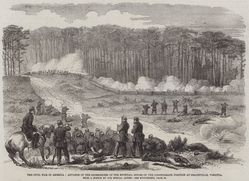 Der Bürgerkrieg in Amerika, Vorrücken der Scharmützler der Bucktail Rifles auf die konföderierte Position bei Drainsville, Virginia (Stich) von English School