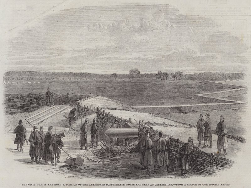 Der Bürgerkrieg in Amerika, ein Teil der verlassenen konföderierten Werke und Lager bei Centreville von English School