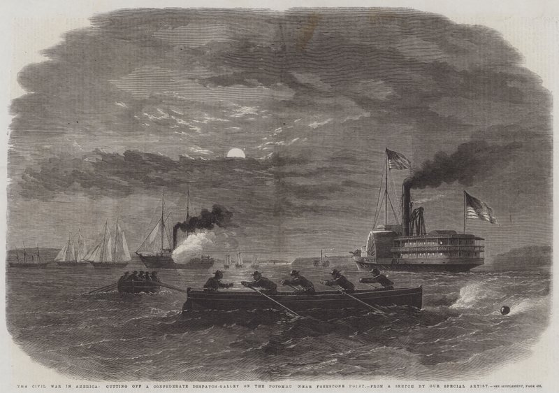 Der Bürgerkrieg in Amerika, Abschneiden einer konföderierten Depesche-Galerie am Potomac in der Nähe von Freestone Point (Stich) von English School