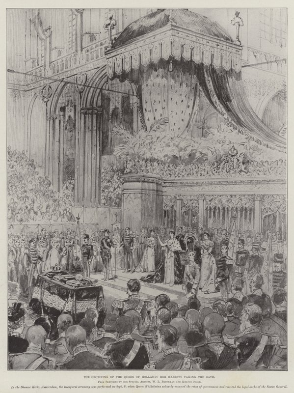 Die Krönung der Königin von Holland, Ihre Majestät leistet den Eid (Gravur) von English School