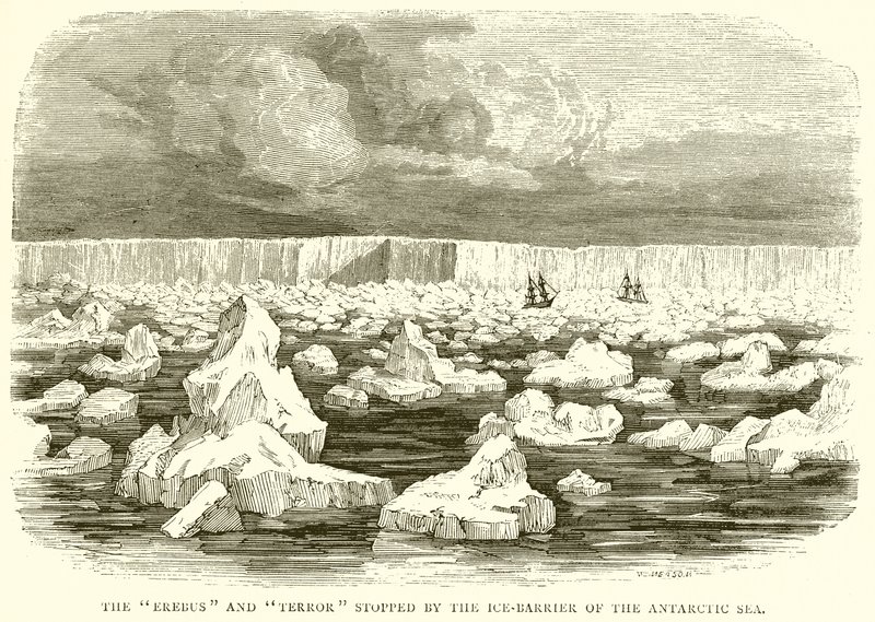 Die Erebus und Terror werden von der Eisbarriere der Antarktis gestoppt von English School