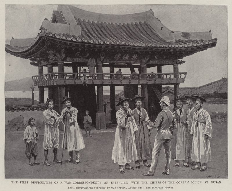 Die ersten Schwierigkeiten eines Kriegsberichterstatters, ein Interview mit den Chefs der koreanischen Polizei in Fusan (Lithografie) von English School