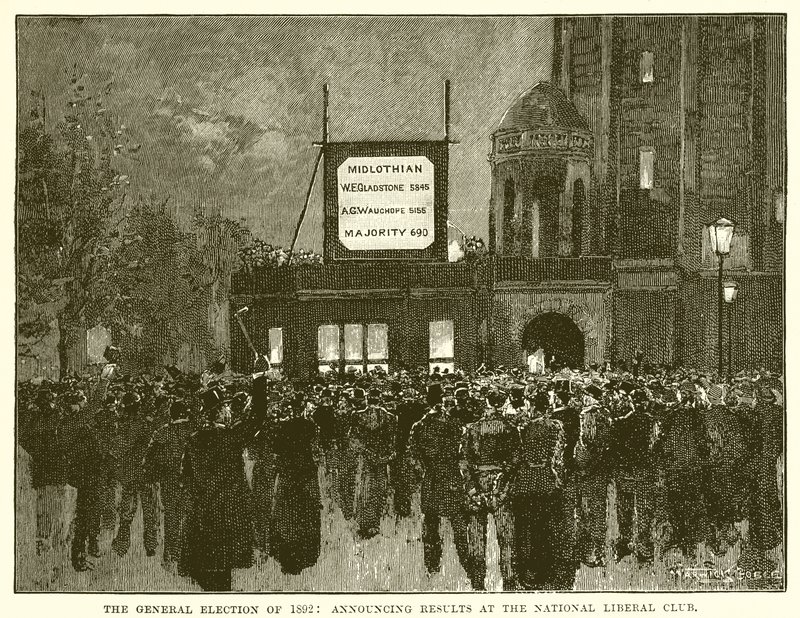 Die Parlamentswahl von 1892: Bekanntgabe der Ergebnisse im National Liberal Club von English School