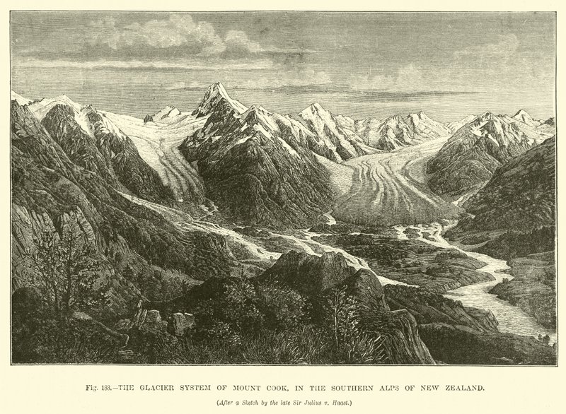 Das Gletschersystem des Mount Cook, in den Südalpen von Neuseeland von English School