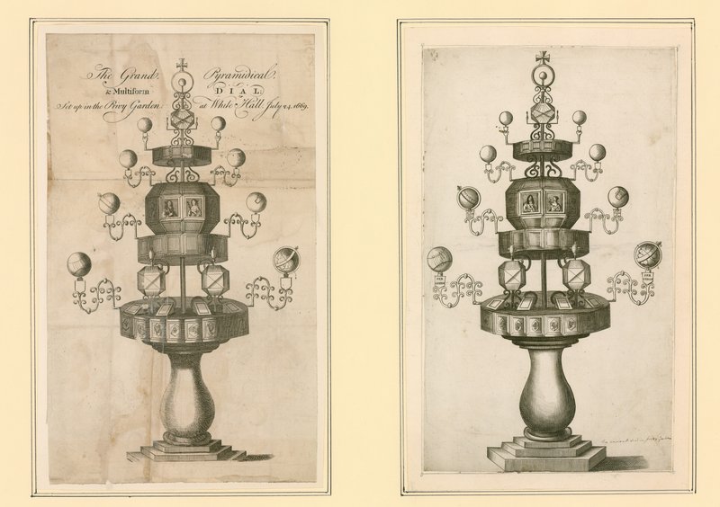 Die große pyramidenförmige und multiförmige Sonnenuhr im Privatgarten von Whitehall, 24. Juli 1669 von English School
