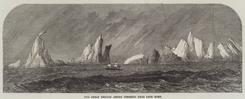 Die Great Britain unter Eisbergen nahe Kap Hoorn (Stich) von English School