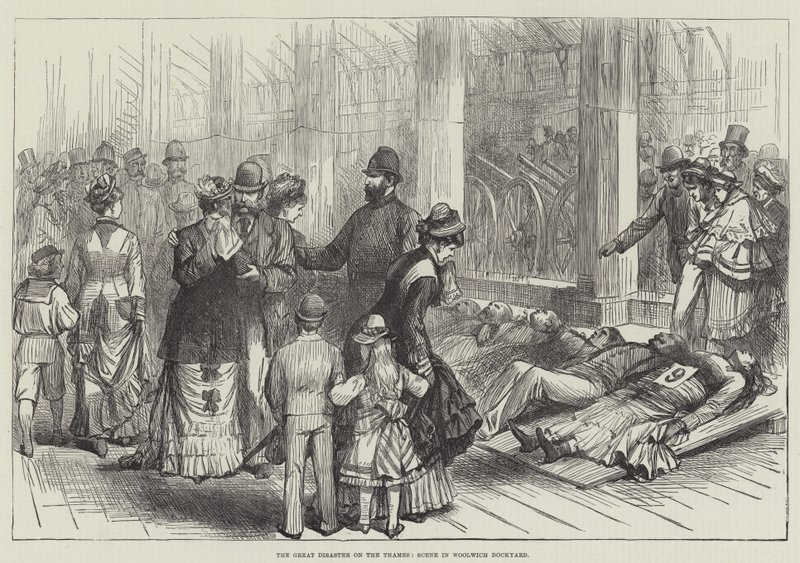 Die große Katastrophe auf der Themse, Szene in der Werft von Woolwich (Gravur) von English School