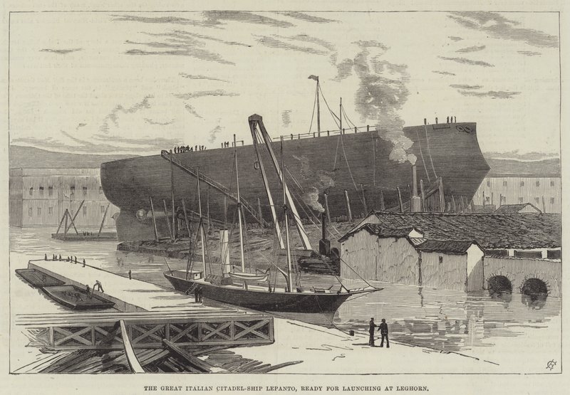 Die große italienische Zitadellenschiff Lepanto, bereit zum Stapellauf in Livorno (Gravur) von English School