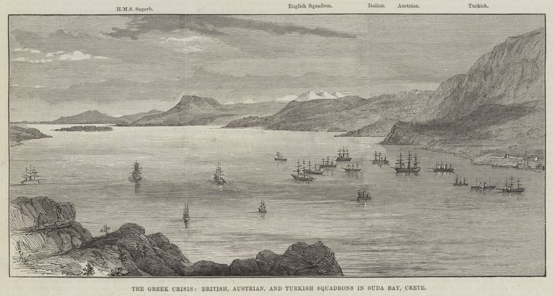 Die griechische Krise, britische, österreichische und türkische Geschwader in der Suda-Bucht, Kreta (Stich) von English School