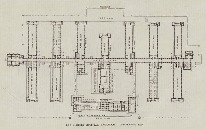 Das Herbert Hospital, Woolwich, Grundriss des Erdgeschosses (Gravur) von English School