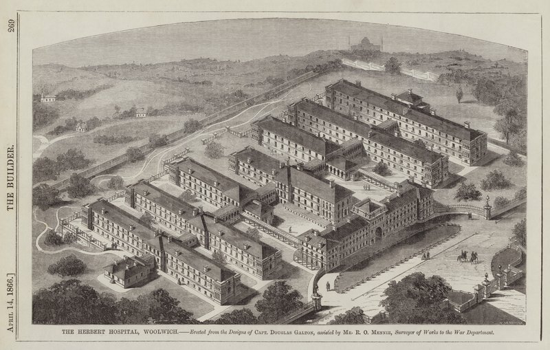 Das Herbert Hospital, Woolwich, errichtet nach den Entwürfen von Captain Douglas Galton, unterstützt (Gravur) von English School
