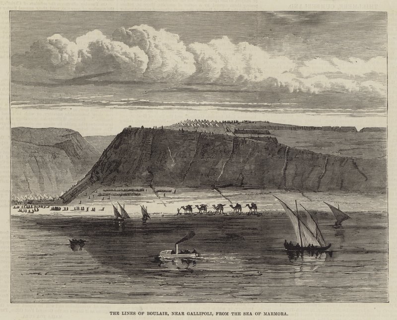 Die Linien von Boulair, nahe Gallipoli, vom Marmarameer aus (Gravur) von English School