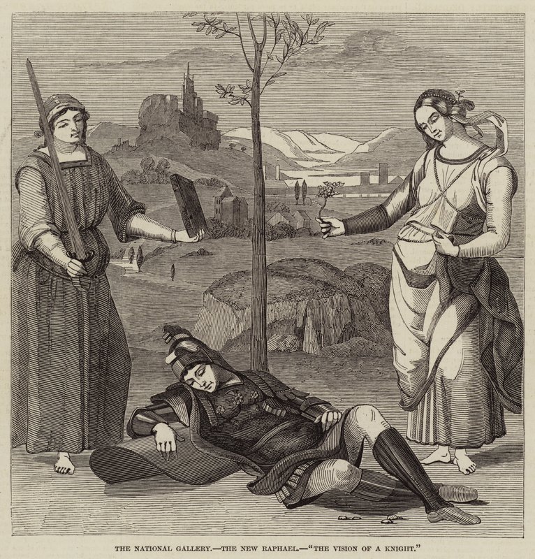 Die Nationalgalerie, der neue Raphael, Die Vision eines Ritters (Stich) von English School