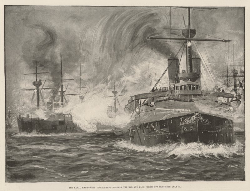 Die Marine-Manöver, Gefecht zwischen der roten und blauen Flotte vor Holyhead, 31. Juli (Lithografie) von English School