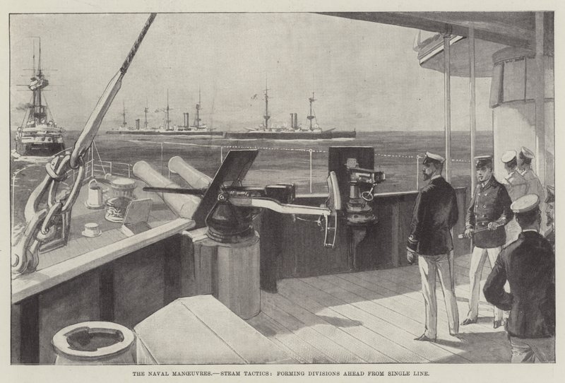 Die Marine-Manöver, Dampftaktiken, Bildung von Divisionen voraus aus einer Linie (Gravur) von English School