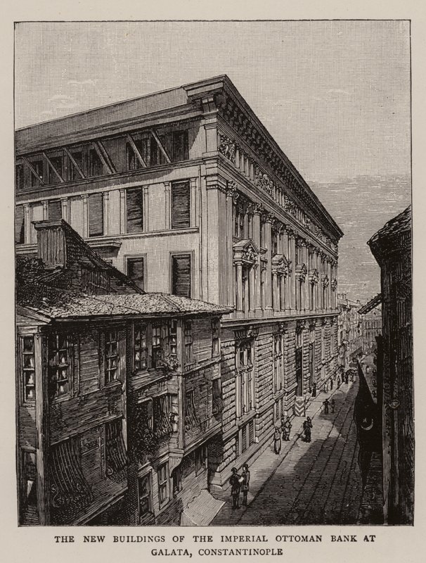 Die neuen Gebäude der Imperial Ottoman Bank in Galata, Konstantinopel von English School