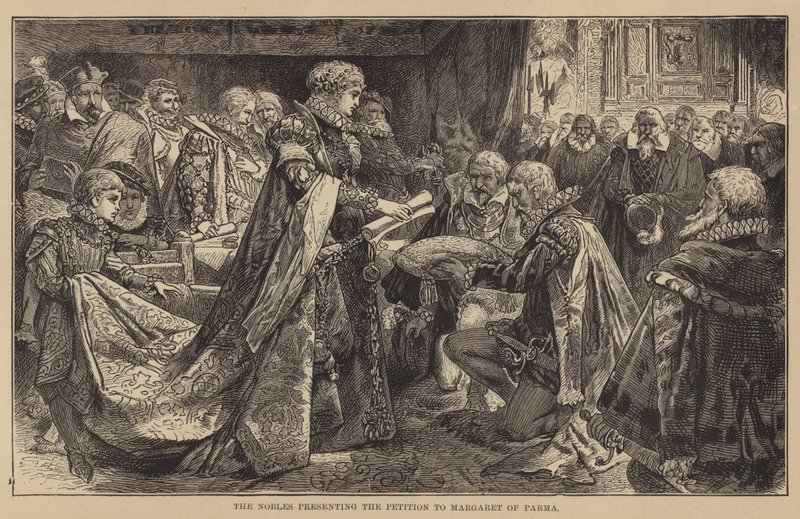 Die Adligen überreichen das Gesuch an Margarete von Parma (Gravur) von English School