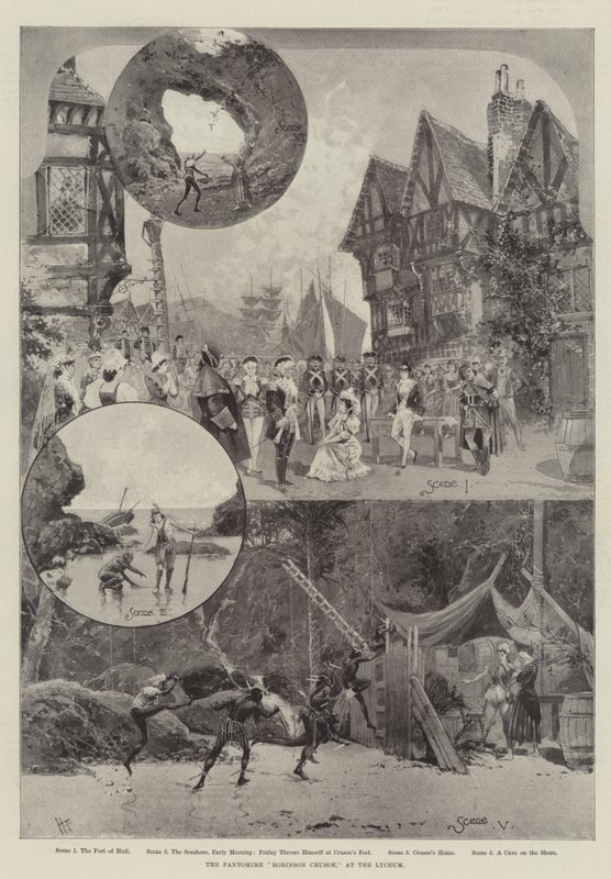 Das Pantomime "Robinson Crusoe," im Lyceum (Lithografie) von English School