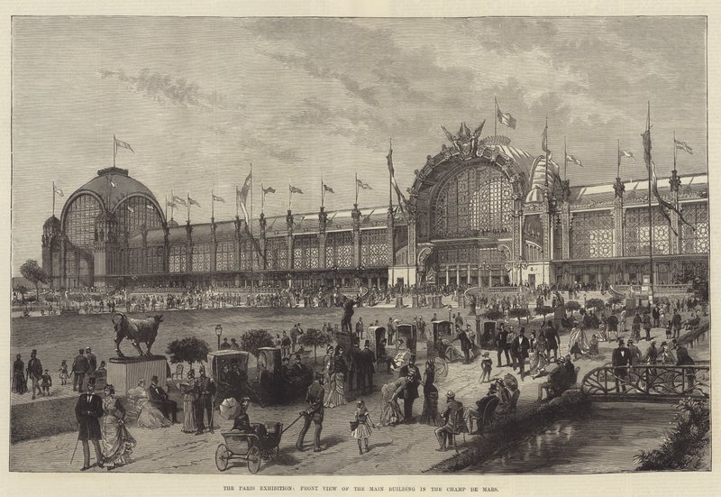 Die Pariser Ausstellung, Vorderansicht des Hauptgebäudes im Champ de Mars (Gravur) von English School