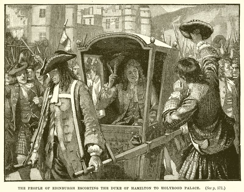 Die Menschen von Edinburgh eskortieren den Herzog von Hamilton zum Holyrood-Palast von English School