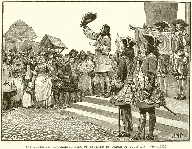 Der Prätendent wird auf Befehl von Ludwig XIV. zum König von England ausgerufen von English School