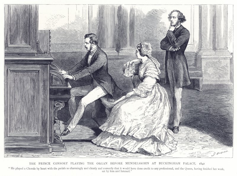 Der Prinzgemahl spielt Orgel vor Mendelssohn im Buckingham Palace, 1842 von English School