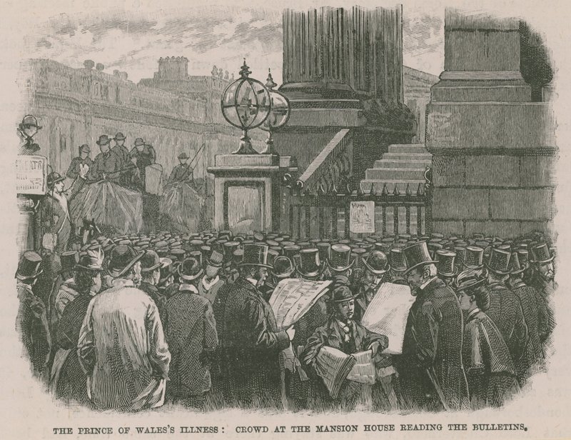 Die Krankheit des Prinzen von Wales: Menschenmenge am Mansion House liest die Bulletins von English School