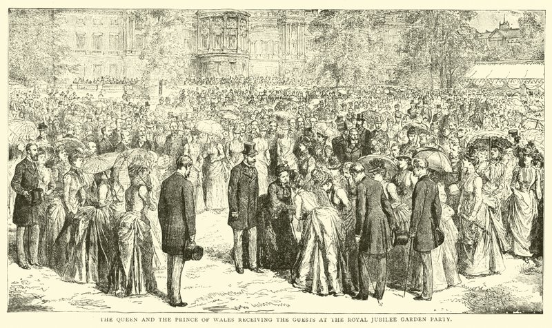 Die Königin und der Prinz von Wales empfangen die Gäste auf der königlichen Jubiläumsgartenparty von English School