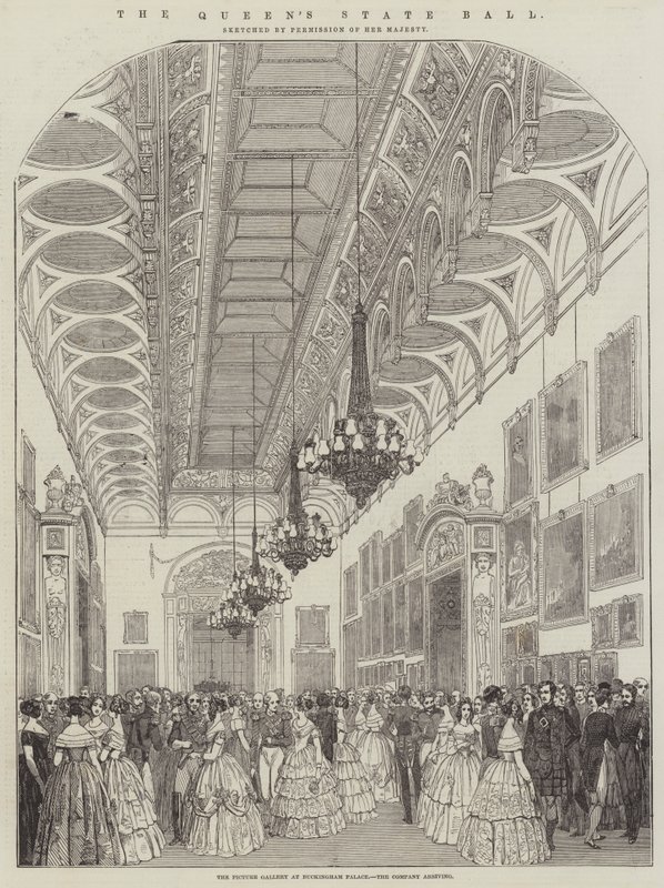 Der Staatsball der Königin, die Bildergalerie im Buckingham Palace, die ankommenden Gäste (Stich) von English School