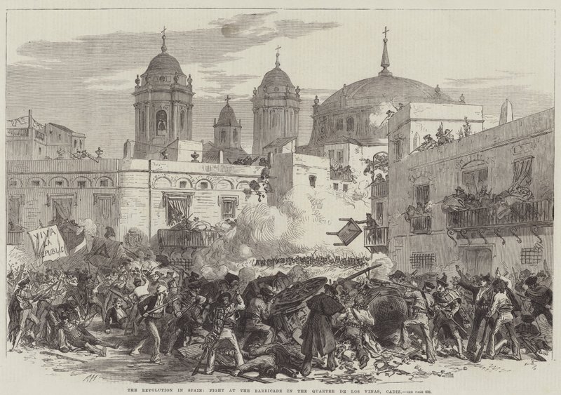 Die Revolution in Spanien, Kampf an der Barrikade im Viertel de Los Vinas, Cadiz (Stich) von English School