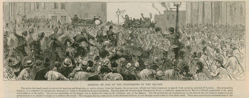 Der Aufruhr am Trafalgar Square: Ankunft einer der Prozessionen auf dem Platz von English School